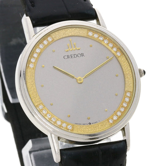 SEIKO Watches Quartz 9570-6030 PT900, leather Silver CREDOR Diamond Silver dial mens Used Authentic