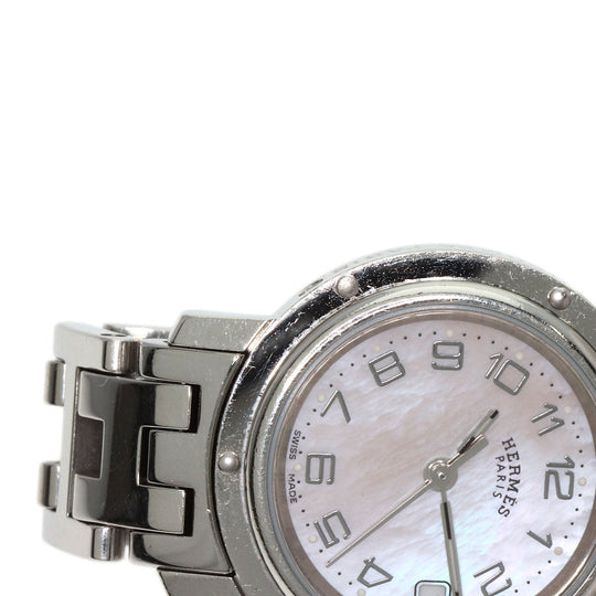 HERMES Watches Quartz CL4.210 Stainless Steel , Stainless Steel Silver Clipper Nacle New Buckle Pink shell dial Women Used Authentic