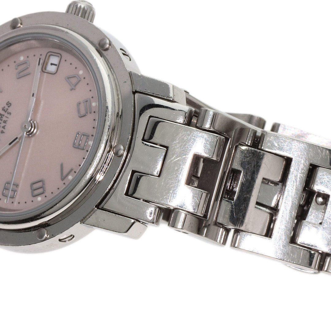 HERMES Watches Quartz CL4.210 Stainless Steel , Stainless Steel Silver Clipper Nacle New Buckle Pink shell dial Women Used Authentic