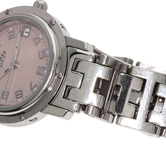 HERMES Watches Quartz CL4.210 Stainless Steel , Stainless Steel Silver Clipper Nacle New Buckle Pink shell dial Women Used Authentic