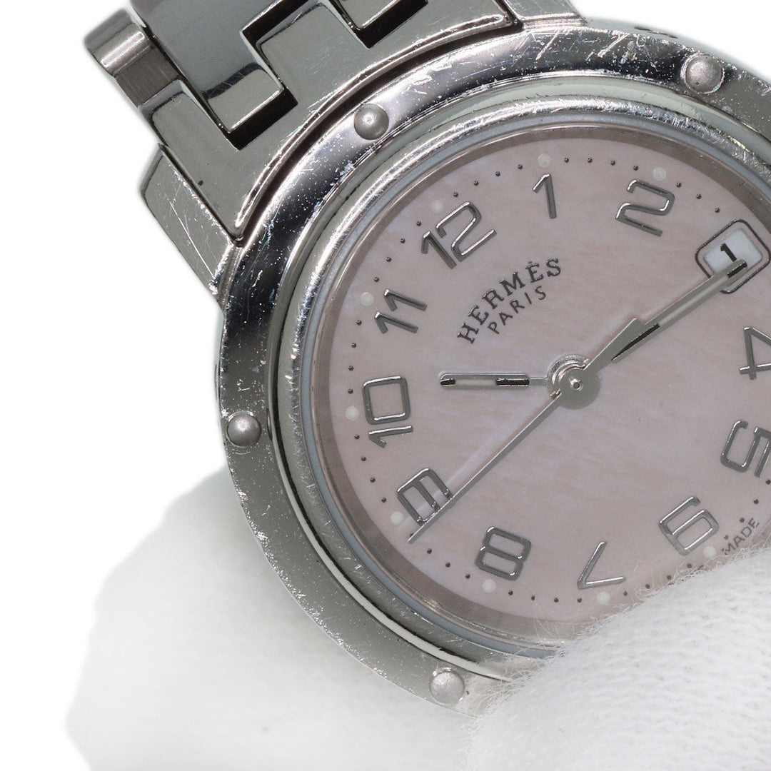 HERMES Watches Quartz CL4.210 Stainless Steel , Stainless Steel Silver Clipper Nacle New Buckle Pink shell dial Women Used Authentic