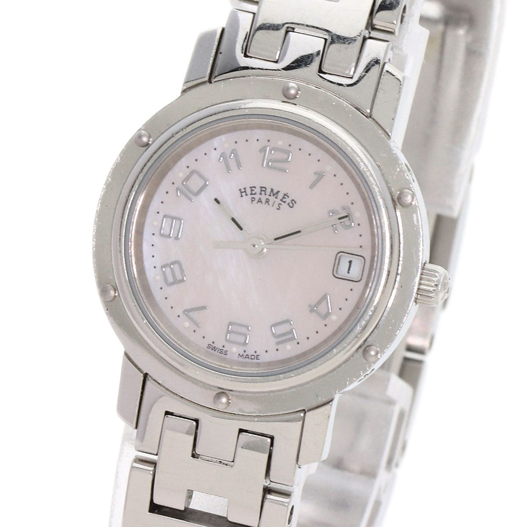 HERMES Watches Quartz CL4.210 Stainless Steel , Stainless Steel Silver Clipper Nacle New Buckle Pink shell dial Women Used Authentic