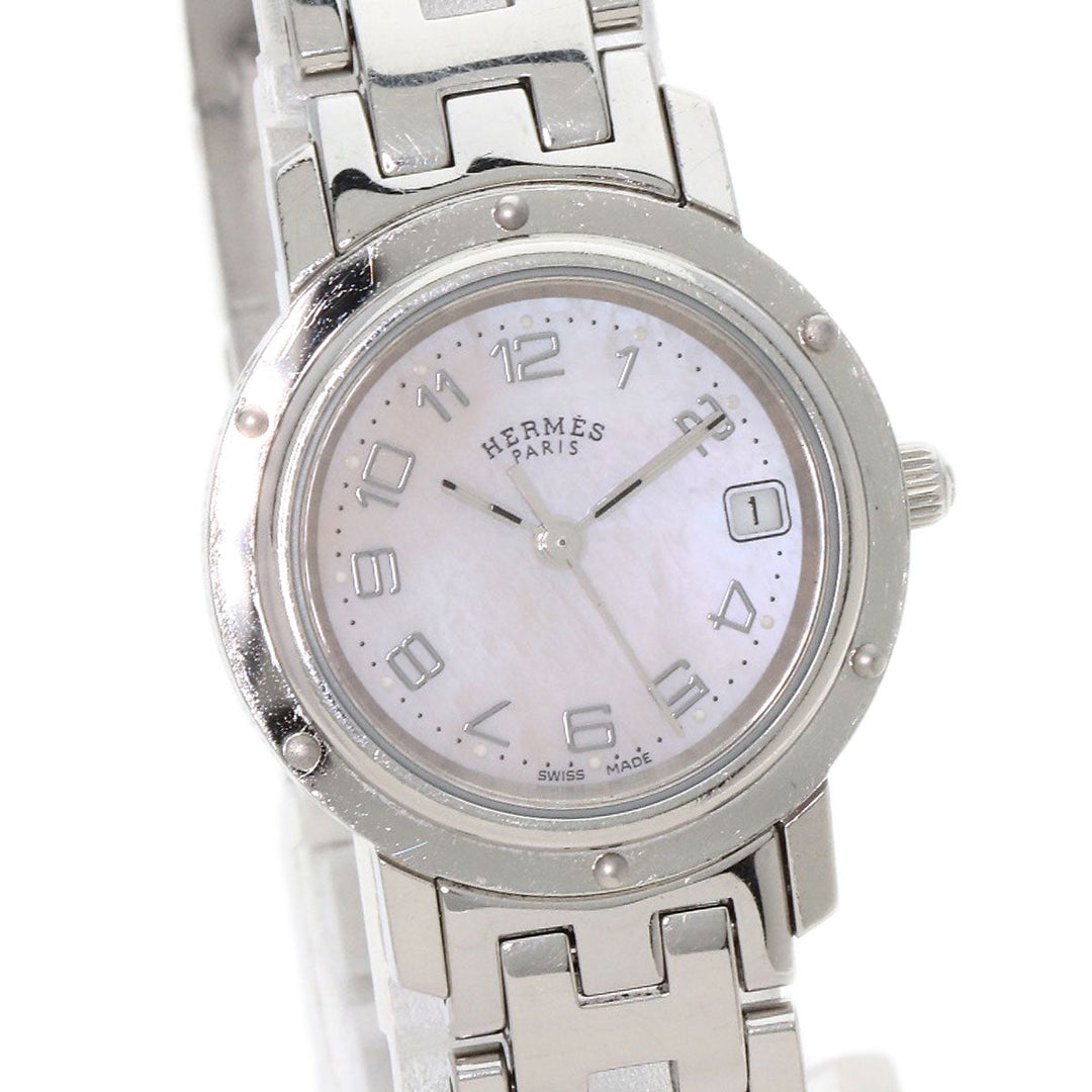 HERMES Watches Quartz CL4.210 Stainless Steel , Stainless Steel Silver Clipper Nacle New Buckle Pink shell dial Women Used Authentic