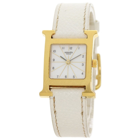 HERMES Watches Quartz HH1.201 Gold Plated, Leather gold H watch white dial Women Used Authentic