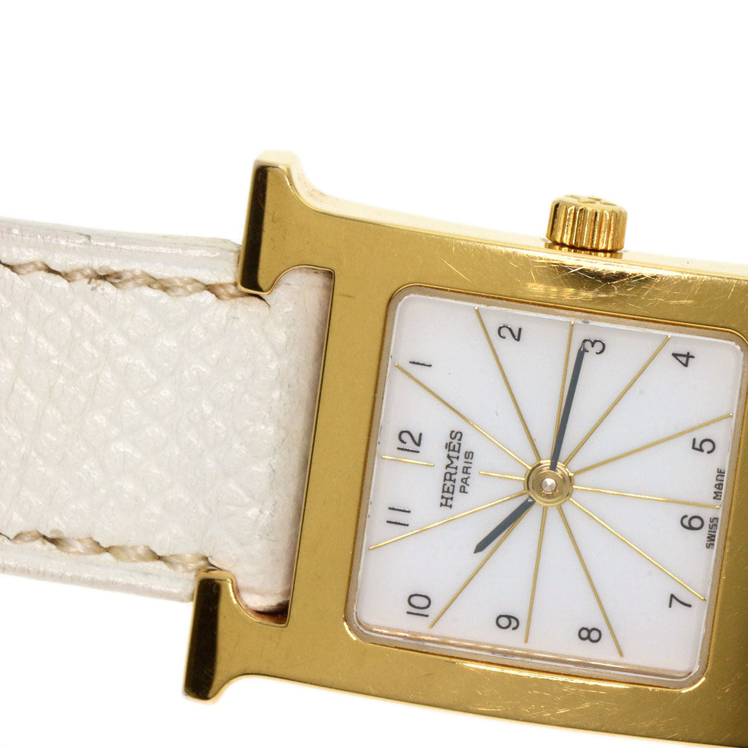 HERMES Watches Quartz HH1.201 Gold Plated, Leather gold H watch white dial Women Used Authentic