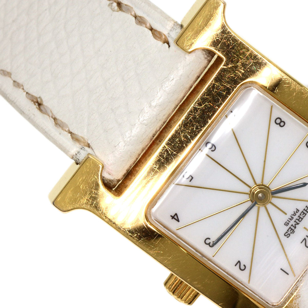 HERMES Watches Quartz HH1.201 Gold Plated, Leather gold H watch white dial Women Used Authentic