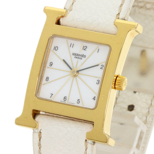 HERMES Watches Quartz HH1.201 Gold Plated, Leather gold H watch white dial Women Used Authentic