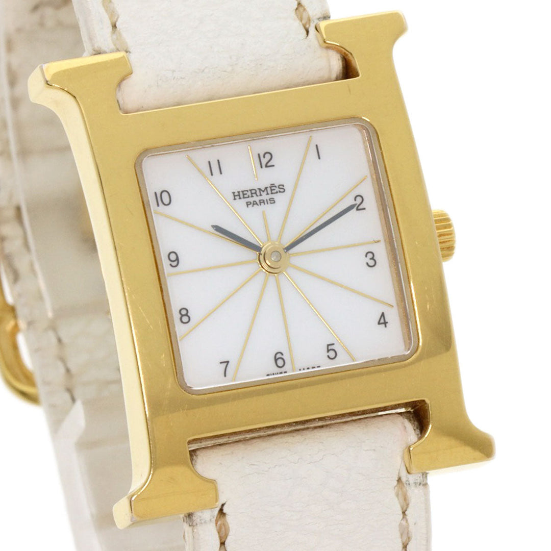 HERMES Watches Quartz HH1.201 Gold Plated, Leather gold H watch white dial Women Used Authentic