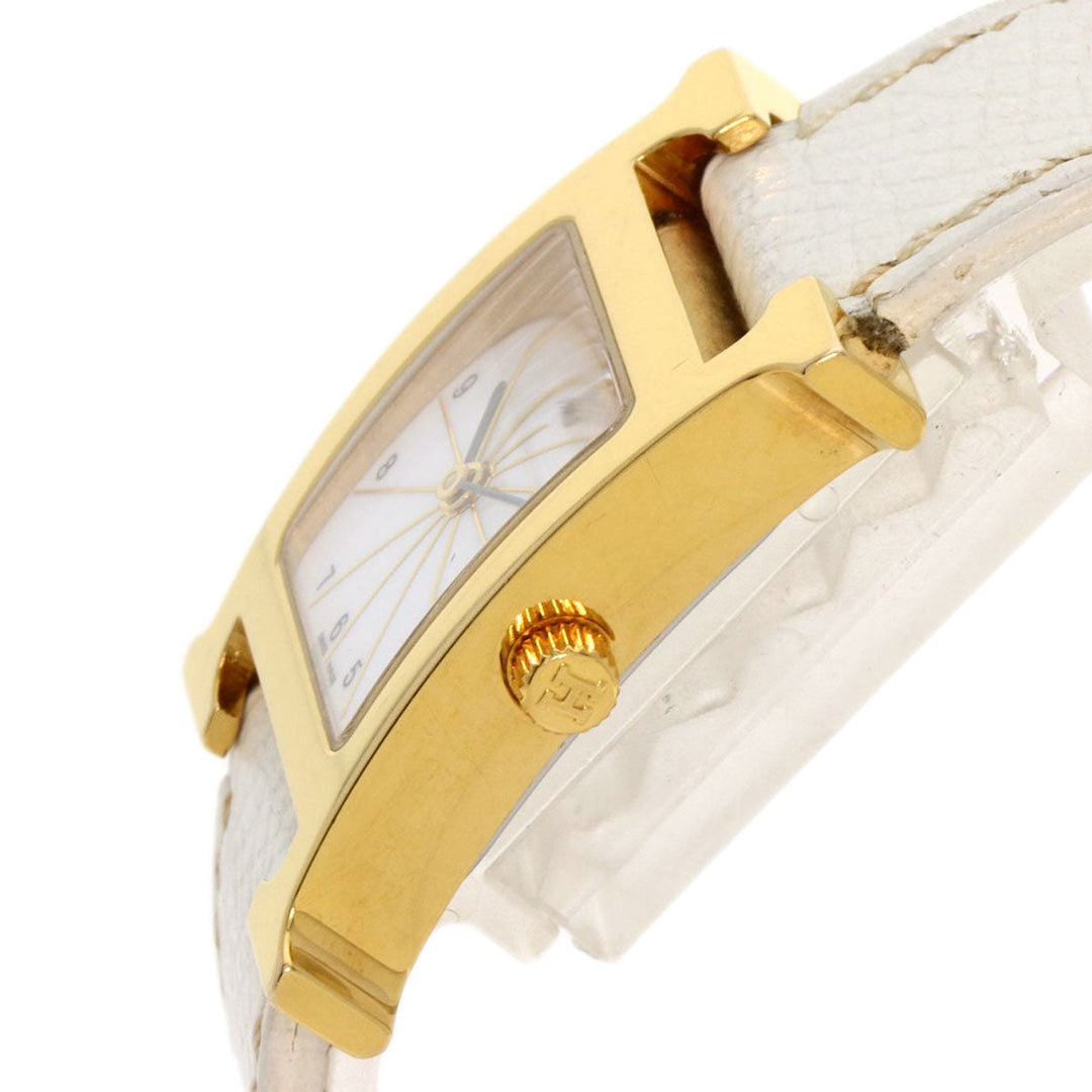 HERMES Watches Quartz HH1.201 Gold Plated, Leather gold H watch white dial Women Used Authentic