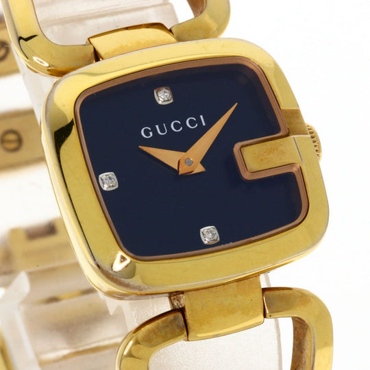 GUCCI Watches Quartz 125.5 Gold Plated , Gold Plated gold G Collection 3P Diamond Square black dial Women Used Authentic