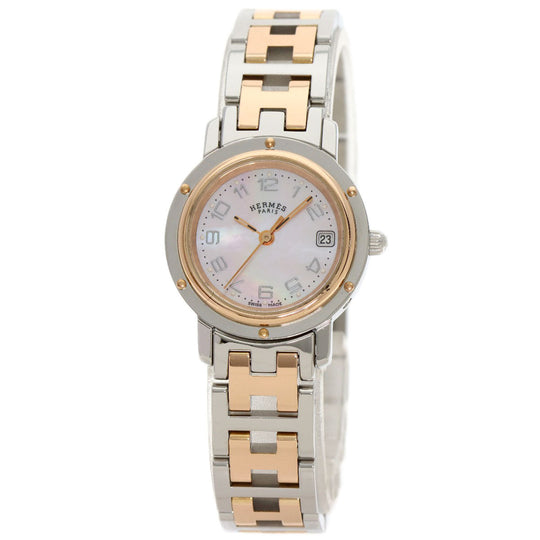 HERMES Watches Quartz CL4.221 Stainless Steel , SSxPGP gold Clipper Nacre New Buckle Pink shell dial Women Used Authentic