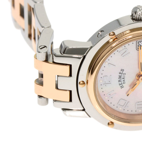 HERMES Watches Quartz CL4.221 Stainless Steel , SSxPGP gold Clipper Nacre New Buckle Pink shell dial Women Used Authentic
