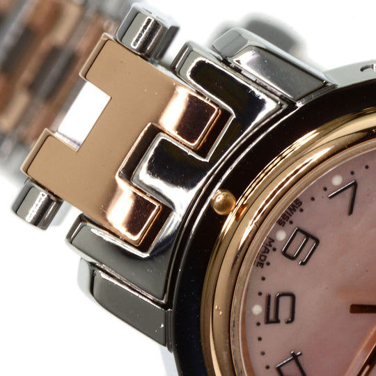 HERMES Watches Quartz CL4.221 Stainless Steel , SSxPGP gold Clipper Nacre New Buckle Pink shell dial Women Used Authentic