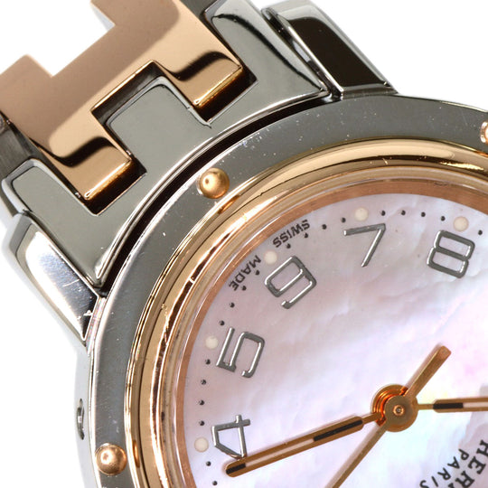 HERMES Watches Quartz CL4.221 Stainless Steel , SSxPGP gold Clipper Nacre New Buckle Pink shell dial Women Used Authentic