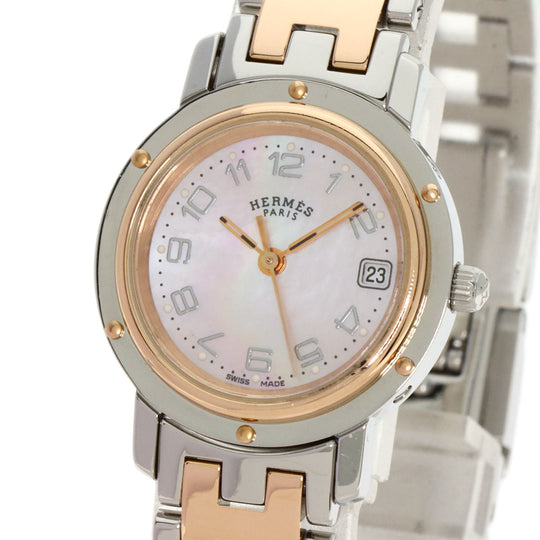 HERMES Watches Quartz CL4.221 Stainless Steel , SSxPGP gold Clipper Nacre New Buckle Pink shell dial Women Used Authentic