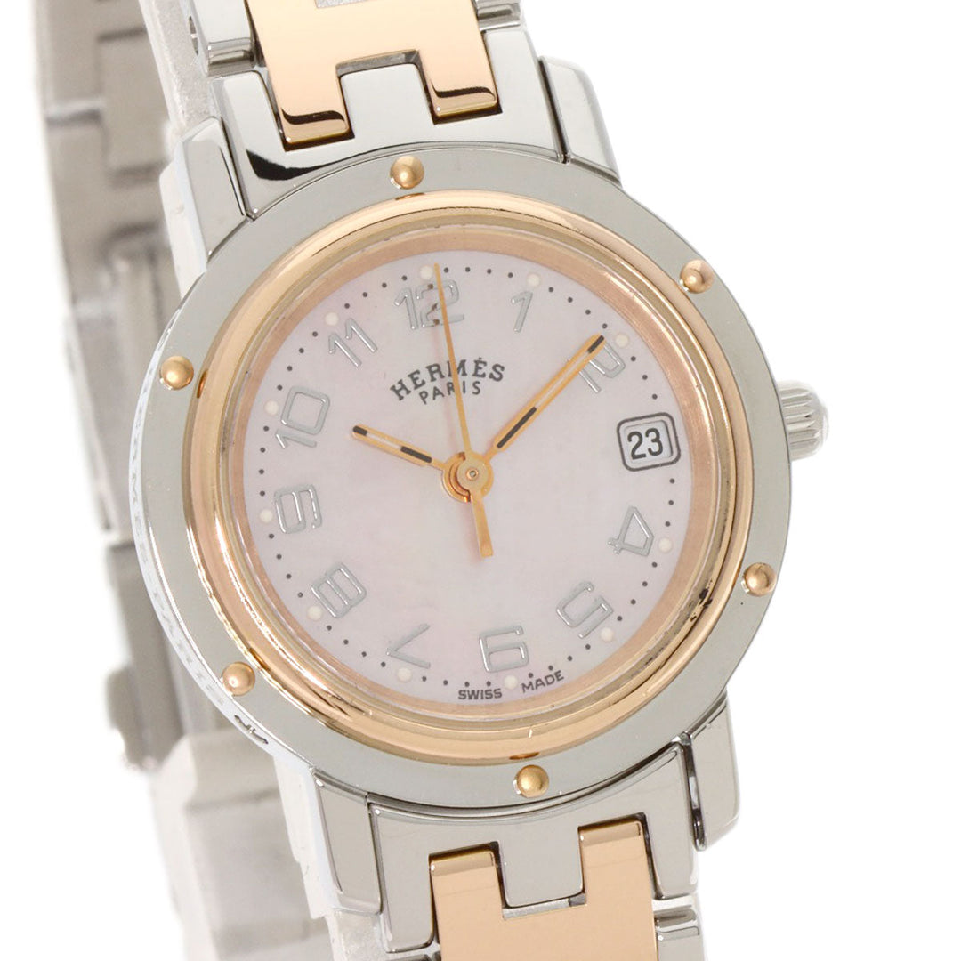 HERMES Watches Quartz CL4.221 Stainless Steel , SSxPGP gold Clipper Nacre New Buckle Pink shell dial Women Used Authentic