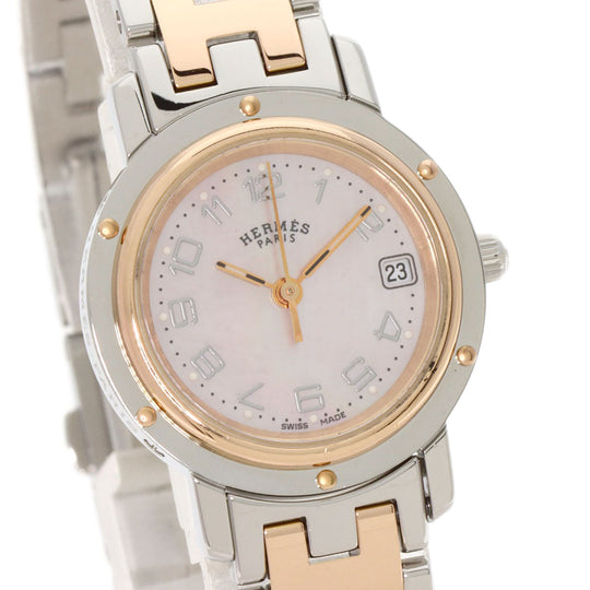 HERMES Watches Quartz CL4.221 Stainless Steel , SSxPGP gold Clipper Nacre New Buckle Pink shell dial Women Used Authentic