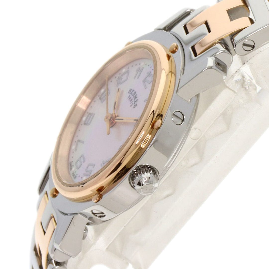 HERMES Watches Quartz CL4.221 Stainless Steel , SSxPGP gold Clipper Nacre New Buckle Pink shell dial Women Used Authentic
