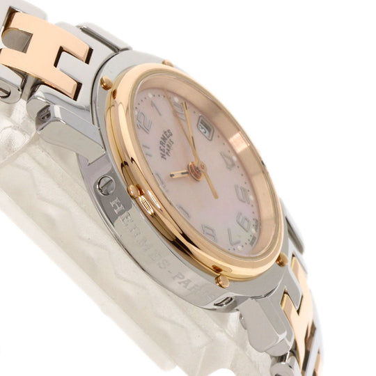 HERMES Watches Quartz CL4.221 Stainless Steel , SSxPGP gold Clipper Nacre New Buckle Pink shell dial Women Used Authentic