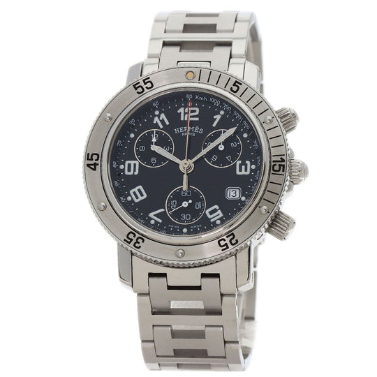 HERMES Watches Quartz CL2.910 Stainless Steel , Stainless Steel Silver Clipper Diver Chronograph black dial mens Used Authentic
