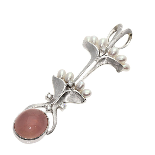 TASAKI Pendant top K14WG Silver Rose Quartz Pearl Diamond Women Used Authentic