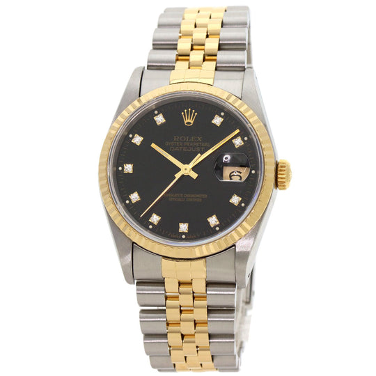 ROLEX Watches Mechanical Automatic 16233G Stainless Steel , SSxK18YG gold Datejust 10P Diamond black dial mens Used Authentic