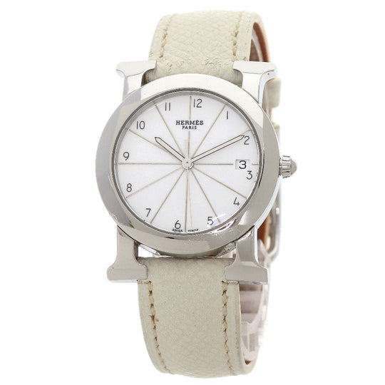 HERMES Watches Quartz HR1.510 Stainless Steel, Leather Silver H watch Rondo white dial Women Used Authentic