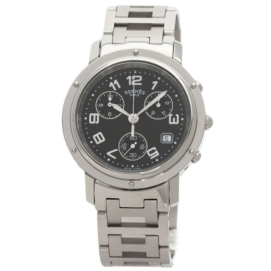 HERMES Watches Quartz CL1.910 Stainless Steel , Stainless Steel Silver Clipper Chronograph black dial mens Used Authentic