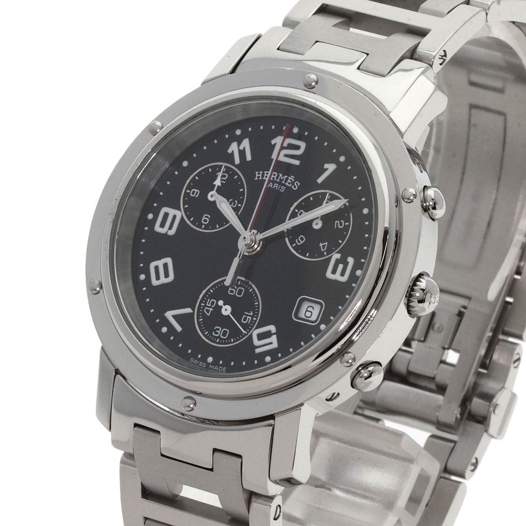 HERMES Watches Quartz CL1.910 Stainless Steel , Stainless Steel Silver Clipper Chronograph black dial mens Used Authentic