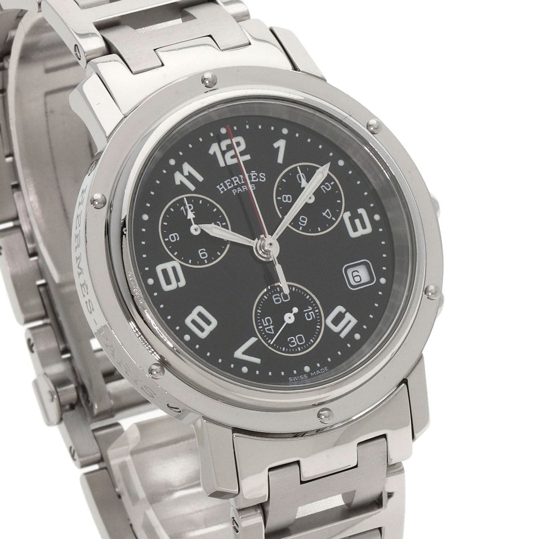 HERMES Watches Quartz CL1.910 Stainless Steel , Stainless Steel Silver Clipper Chronograph black dial mens Used Authentic