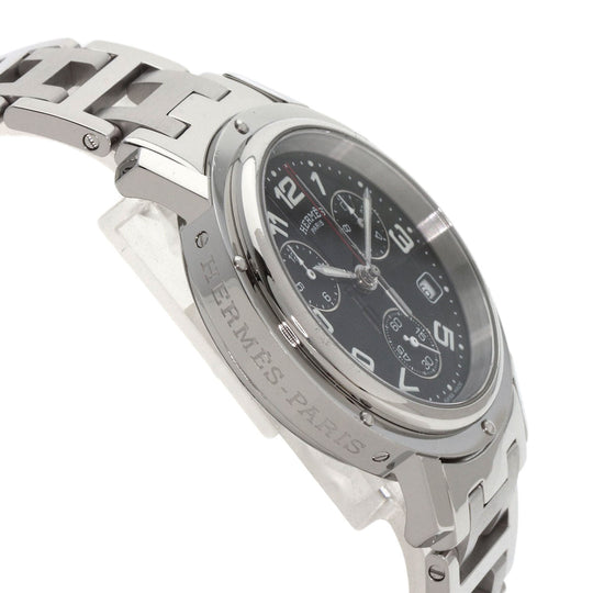HERMES Watches Quartz CL1.910 Stainless Steel , Stainless Steel Silver Clipper Chronograph black dial mens Used Authentic
