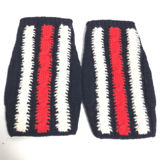 GUCCI gloves 521149 wool Navy fingerless stripe Women M Used Authentic