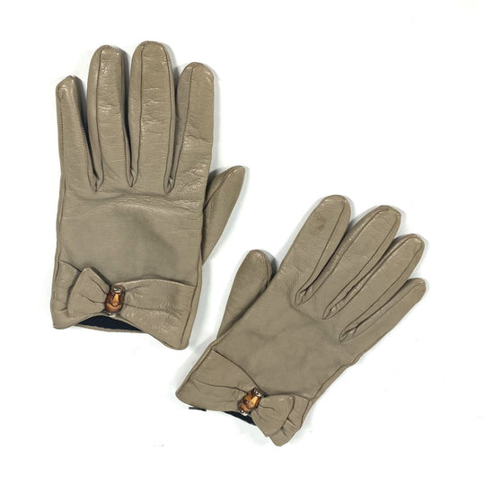 GUCCI gloves leather beige Ribbon Wood Bamboo Women 7 Used Authentic