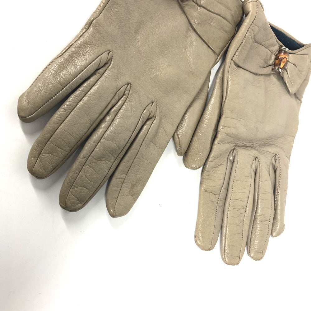 GUCCI gloves leather beige Ribbon Wood Bamboo Women 7 Used Authentic
