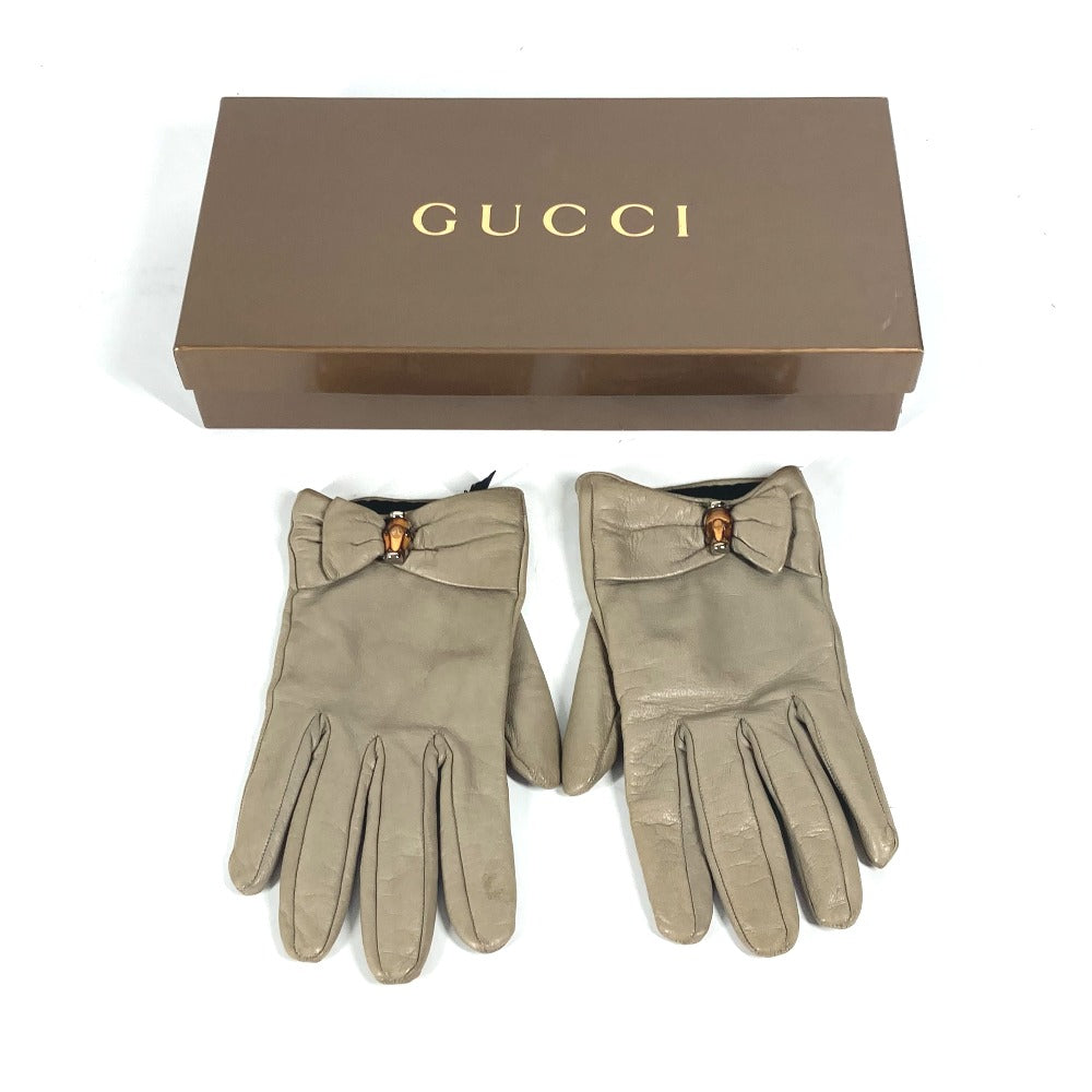 GUCCI gloves leather beige Ribbon Wood Bamboo Women 7 Used Authentic