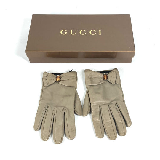 GUCCI gloves leather beige Ribbon Wood Bamboo Women 7 Used Authentic