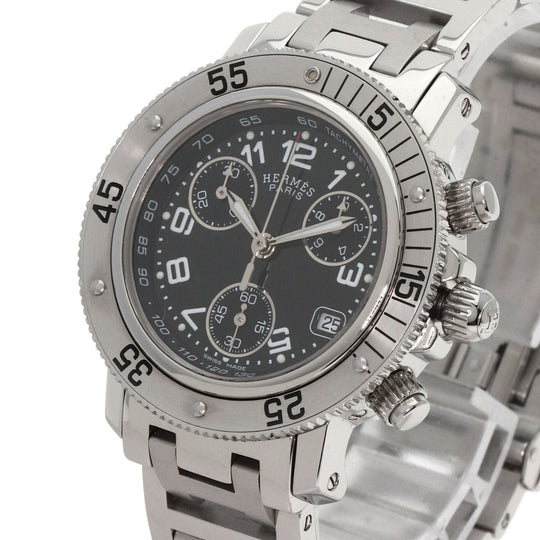HERMES Watches Quartz CL2.310 Stainless Steel , Stainless Steel Silver Clipper Diver Chronograph black dial Women Used Authentic