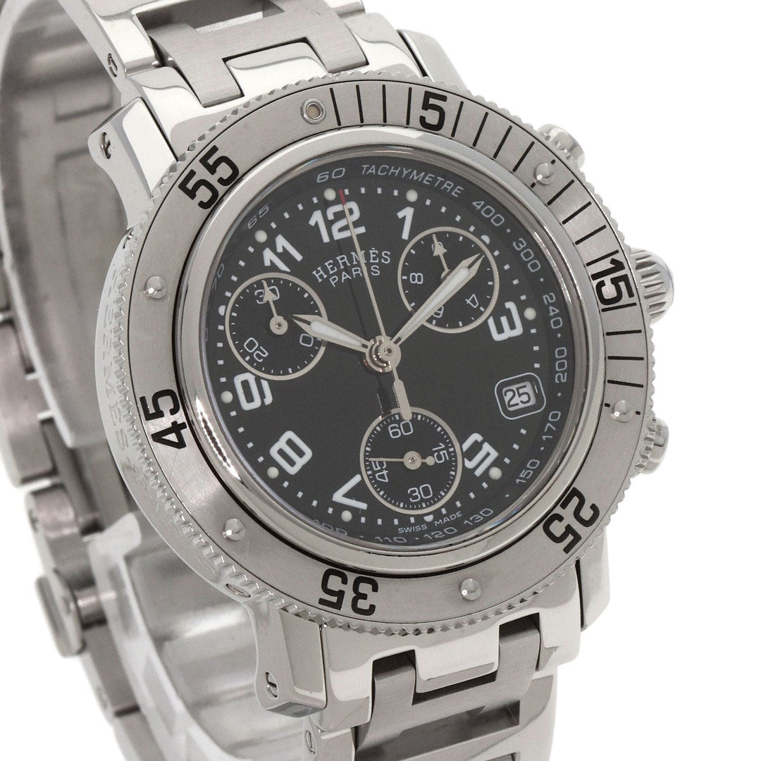 HERMES Watches Quartz CL2.310 Stainless Steel , Stainless Steel Silver Clipper Diver Chronograph black dial Women Used Authentic