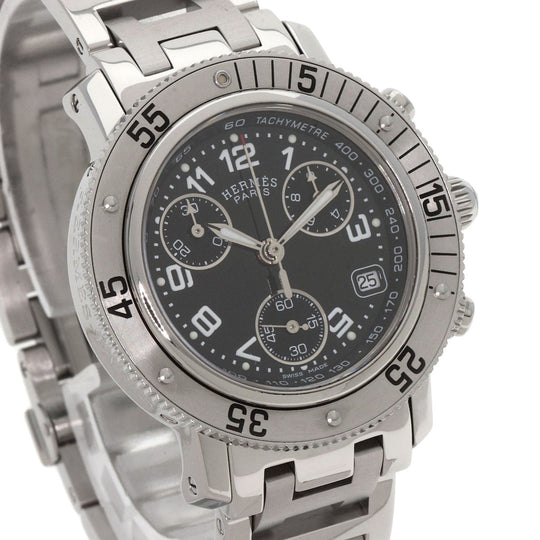 HERMES Watches Quartz CL2.310 Stainless Steel , Stainless Steel Silver Clipper Diver Chronograph black dial Women Used Authentic
