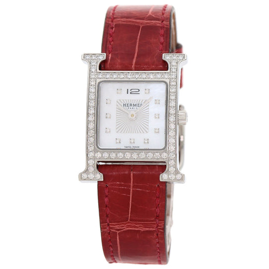 HERMES Watches Quartz HH1.230 Stainless Steel, Leather Silver H Watch Bezel Diamond White shell dial Women Used Authentic