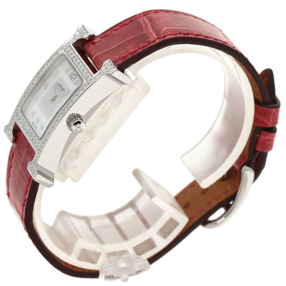 HERMES Watches Quartz HH1.230 Stainless Steel, Leather Silver H Watch Bezel Diamond White shell dial Women Used Authentic