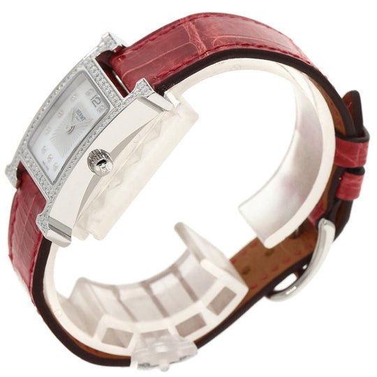 HERMES Watches Quartz HH1.230 Stainless Steel, Leather Silver H Watch Bezel Diamond White shell dial Women Used Authentic