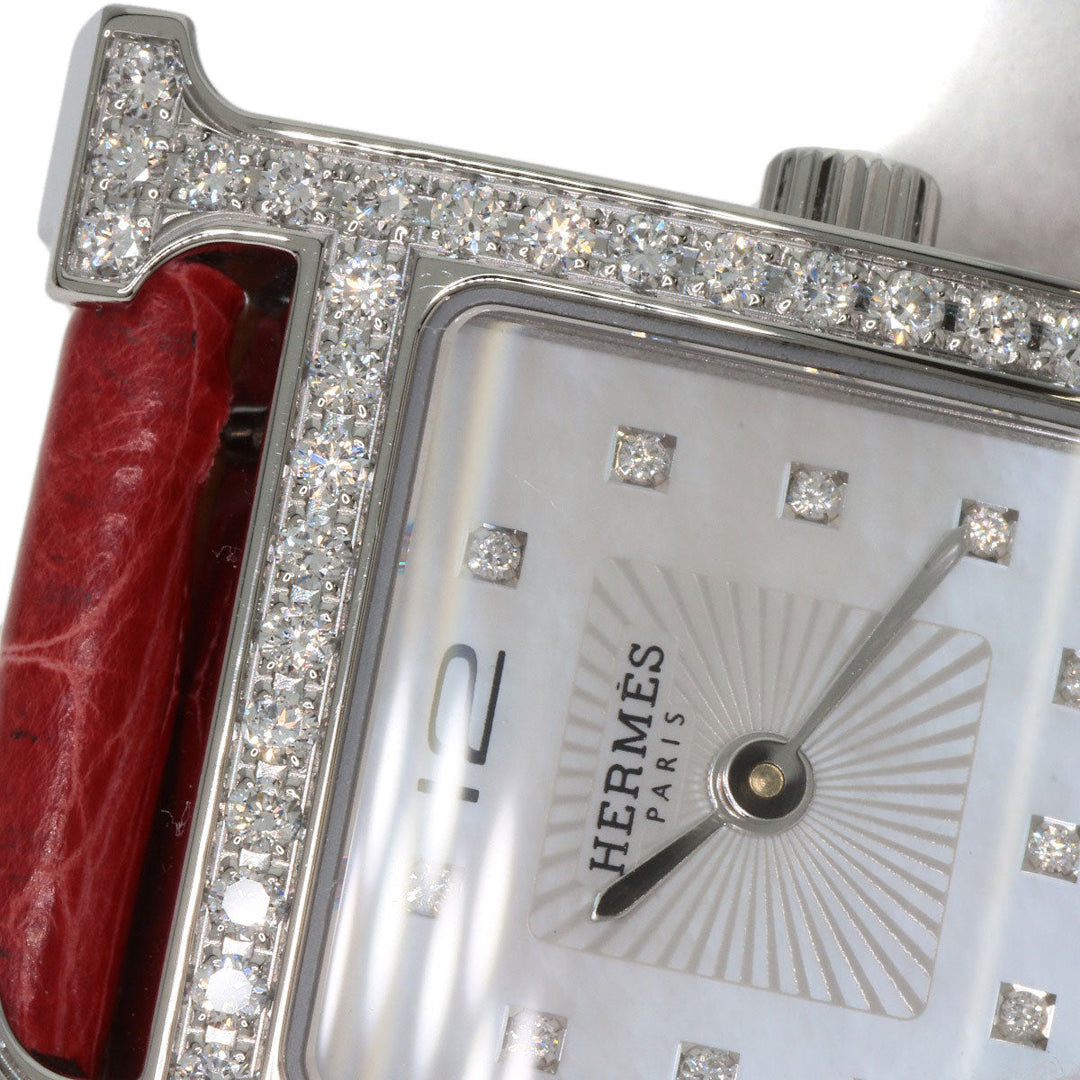 HERMES Watches Quartz HH1.230 Stainless Steel, Leather Silver H Watch Bezel Diamond White shell dial Women Used Authentic
