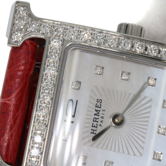HERMES Watches Quartz HH1.230 Stainless Steel, Leather Silver H Watch Bezel Diamond White shell dial Women Used Authentic