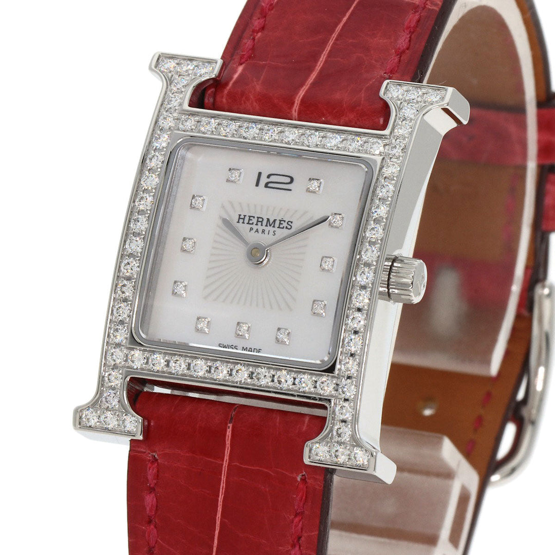 HERMES Watches Quartz HH1.230 Stainless Steel, Leather Silver H Watch Bezel Diamond White shell dial Women Used Authentic
