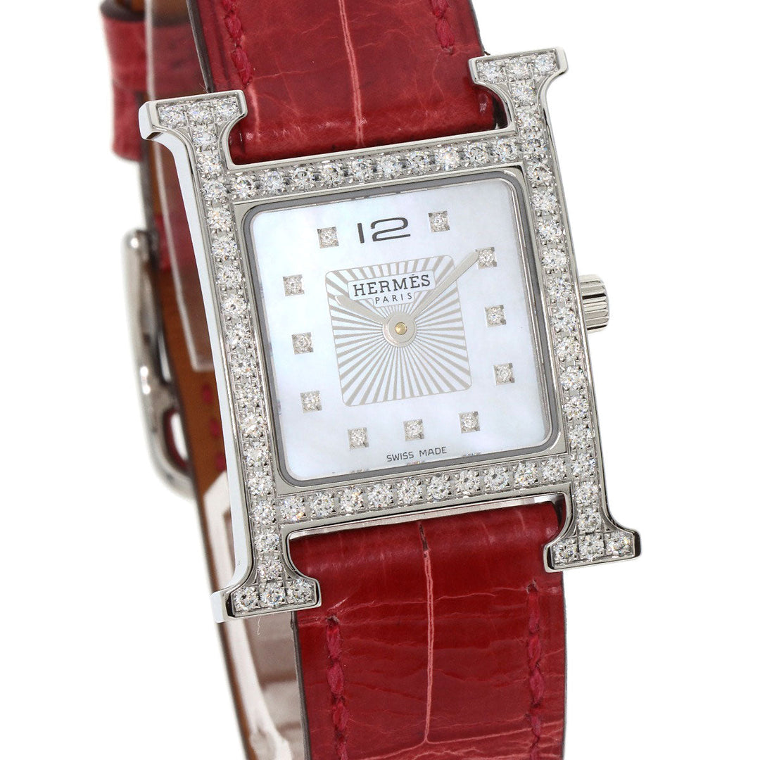 HERMES Watches Quartz HH1.230 Stainless Steel, Leather Silver H Watch Bezel Diamond White shell dial Women Used Authentic