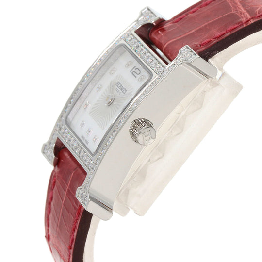HERMES Watches Quartz HH1.230 Stainless Steel, Leather Silver H Watch Bezel Diamond White shell dial Women Used Authentic