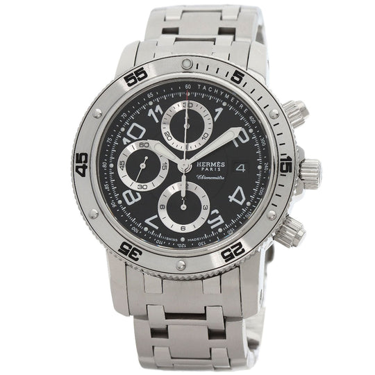 HERMES Watches Mechanical Automatic CP2.910 Stainless Steel , Stainless Steel Silver Clipper Mechanical Diver Chronograph black dial mens Used Authentic