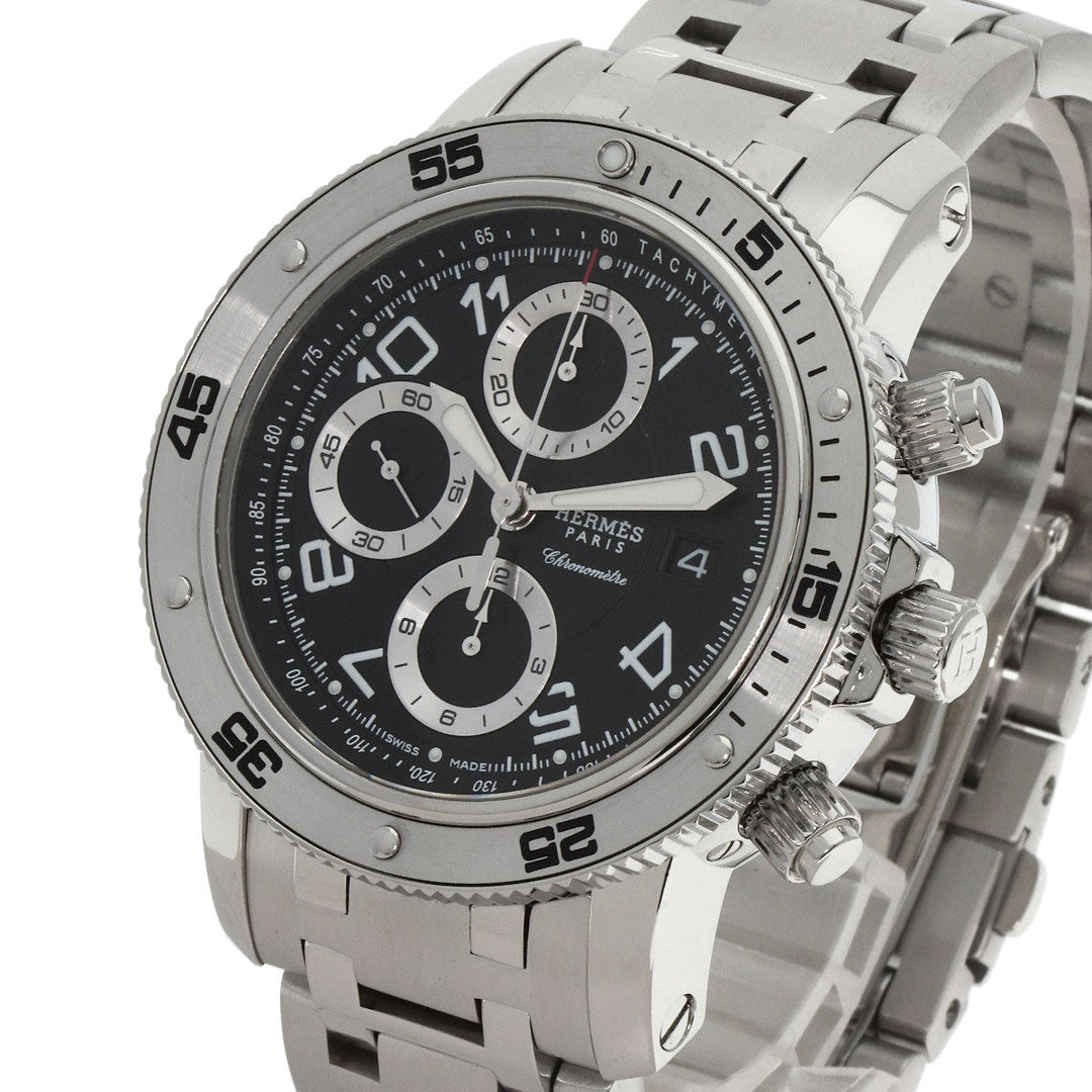 HERMES Watches Mechanical Automatic CP2.910 Stainless Steel , Stainless Steel Silver Clipper Mechanical Diver Chronograph black dial mens Used Authentic