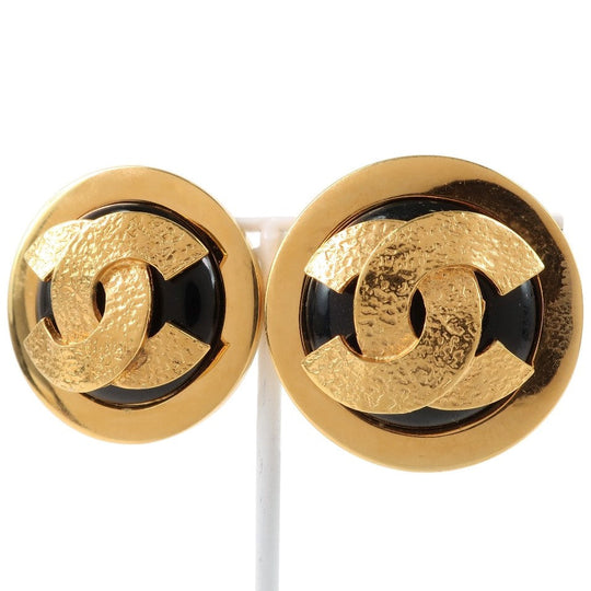 CHANEL Earring Plated Gold black COCO Mark Women Used Authentic